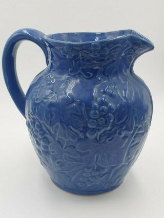 Vintage Blue Glazed American Stoneware Pottery Pitcher With Grapes Design