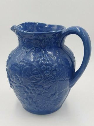 Vintage Blue Glazed American Stoneware Pottery Pitcher with Grapes Design 2