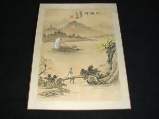 VINTAGE ORIENTAL / CHINESE WATERCOLOUR ON SILK PAINTINGS BOATS / SIGNED 2