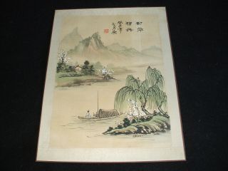 VINTAGE ORIENTAL / CHINESE WATERCOLOUR ON SILK PAINTINGS BOATS / SIGNED 3