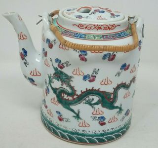 Large Vintage Chinese Teapot Hand Painted With Green Dragons Double Handled