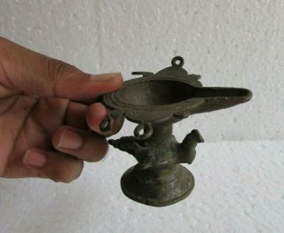 Vintage Old Brass Unique Shape Engraved Handcrafted Oil Lamp,  Rich Patina