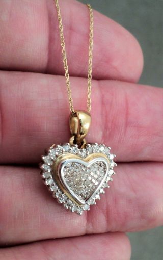 Vintage 10k Gold & Pavé Diamond Heart - Shaped Pendant On 10k Gold Chain - 3g