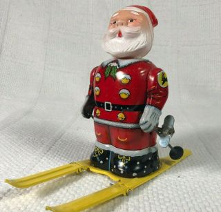Vintage Japan Bandai Toy Tin Wind Up Santa On Skis Skiing Celluloid Head Rare