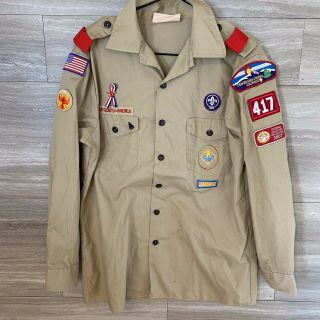 Vintage Boy Scout Uniform Shirt W/ Patches Size Youth Xl Long Sleeve Tan