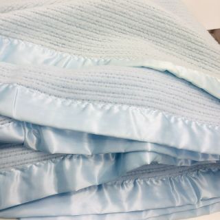 Satin Trim Waffle Weave Vintage Acrylic Blanket Blue Full Queen Made Usa 82 X90 "