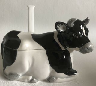 Vintage Otagiri Black & White Cow Covered Jam Jar W/spoon Japan Handpainted