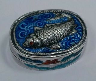 Vintage Or Antique 950 Sterling Silver Japanese Enamel Fish Pill Box
