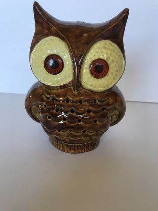 Vintage Ceramic Big Eyed Owl Tea Light Votive Candle 2 Piece Holder 6 1/2 "