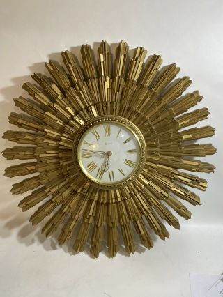 Vintage Gold Syroco Mid Century Starburst Sunburst Wall Clock 22”