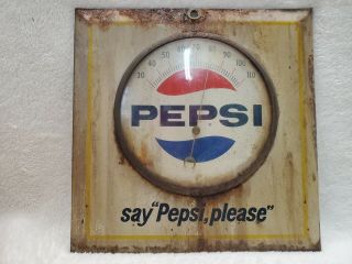 Pepsi Cola Wall Mounted Thermometer Vintage Great Patina 9 " X9 "