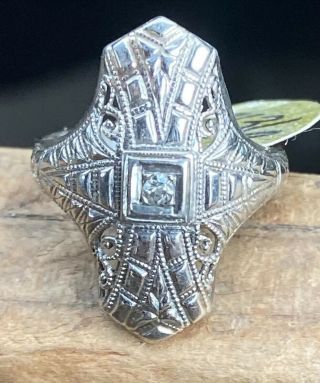 ⭐️vintage Art Deco 14k White Gold Filigree Diamond Ladies Ring 1.  8g Sz 5⭐️1920s