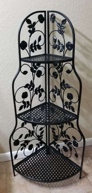 Vintage 3 Tier Folding Rose Vine Wrought Iron Corner Plant Stand,  Solid Sturdy