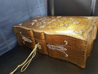 Vintage Italian Florentine Hand Made Wood Jewelry Box W/ Key 13x7.  5x4 "
