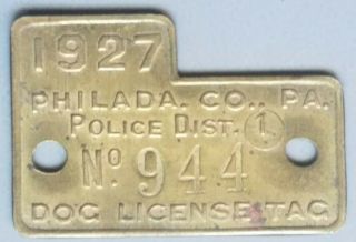 1927 Philadelphia Pennsylvania Metal Dog Tax Tag License No.  944