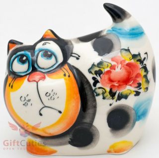 Cat Kitty Collectible Gzhel Style Porcelain Figurine Hand - Painted