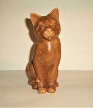 Cat Sculpture Vintage Carved Wood Wooden Kitty Kitten Seated Folk Art Statue