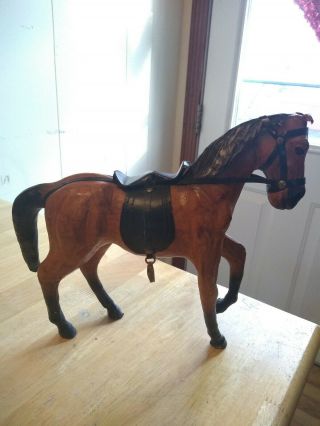 Vintage Light Brown Handmade Leather Horse Glass Eyes Artist Made.  10 " By 11 1/2