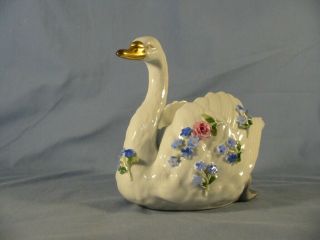 Vintage German Von Schierholz Porcelain Swan Figurine White Iridescent,  Handmade