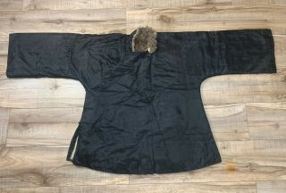 Great Antique Chinese Black Silk Winter Robe & Pants With Floral Damask Brocade 2