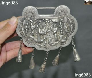 Collect Old Chinese Tibetan Silver People “金玉满堂” Bell Peace Lock Amulet Necklace