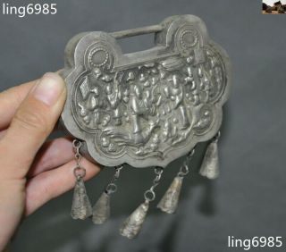 Collect Old Chinese Tibetan Silver people “金玉满堂” Bell Peace lock amulet necklace 2