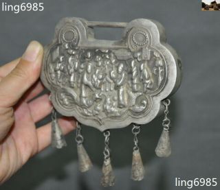 Collect Old Chinese Tibetan Silver people “金玉满堂” Bell Peace lock amulet necklace 3