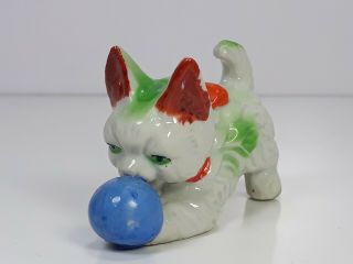 Vintage Made In Japan Green Cat With Blue Ball Porcelain Ceramic Figurine