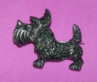 Silver Scottie Dog Pin Brooch European Vintage Deco Marked Signed Marcasites