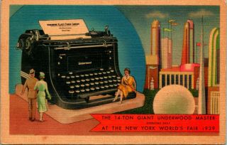 1939 Linen Postcard 14 Ton Giant Underwood Master Typewriter At Ny Worlds Fair