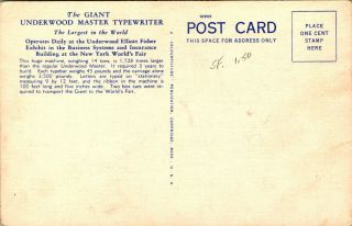 1939 Linen Postcard 14 Ton Giant Underwood Master Typewriter at NY Worlds Fair 2