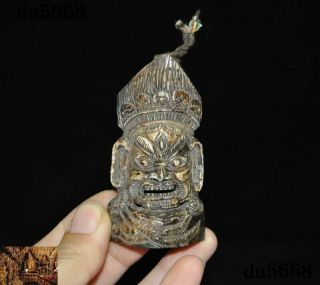 3 " Tibetan Old Cattle Bone Carved Mahakala Wrathful Deity Exorcism Amulet Pendant