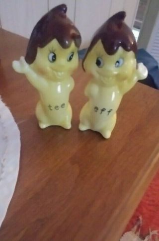 Vintage Pair Salt Pepper Shakers Brightly Colored Yellow Elf/pixies Eff Tee