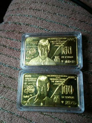 2 Donald Trump Gold Foil Bullion $100 Dollar Art Bar Us President Coin Gifts