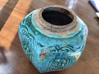 Antique 19th Century Chinese Green Glazed Pottery Vase / Jar Relief Decoration