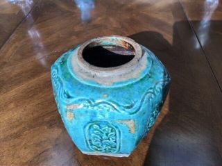 Antique 19th Century Chinese Green Glazed Pottery Vase / Jar Relief Decoration 2