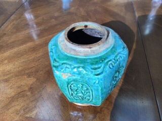 Antique 19th Century Chinese Green Glazed Pottery Vase / Jar Relief Decoration 3