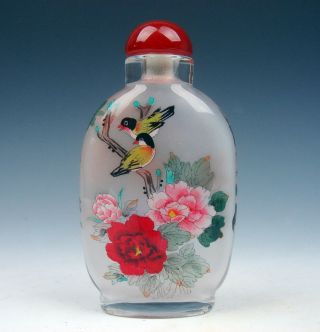 Peking Glass Inside Reverse Hand Painted Large Snuff Bottle Birds & Flowers