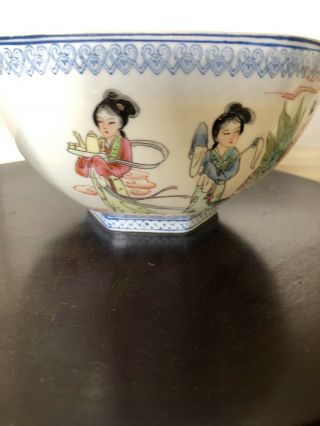Vintage Signed Chinese Eggshell Porcelain Bowl W/ Women