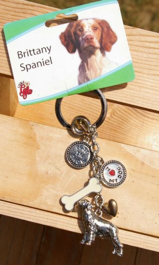 Brittany Spaniel Breed Puppy Charm Keychain Best In Show I " Heart " My Dog Love
