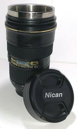 Nican 24 - 70mm Camera Lens Coffee Mug Stainless Steel Cup Thermos Nikon 35mm