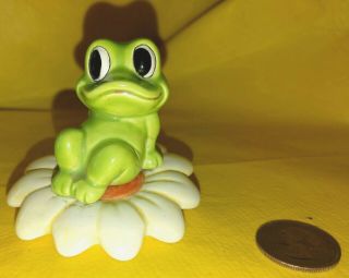 Vintage Ceramic Cartoon Baby Frog Sitting On Flower Japan 3 " X 3 "