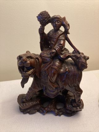 Vintage Chinese Cherry Wood Carved Figure Of A Girl On Mythical Beast