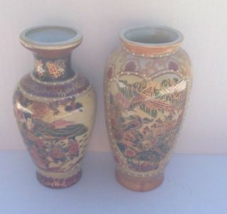 2 Antique Vintage Handpainted Porcelain Oriental Moriage Geisha Vases 6 " Tall