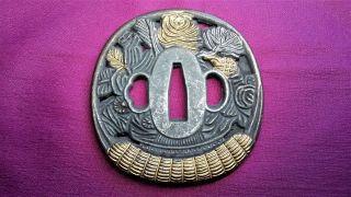 Japanese Sword Guard Tsuba For Samurai Katana Flower Gold Silver Japan 1011 - 2