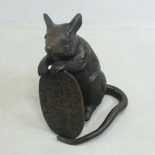 E712: Japanese Copper Ware Statue Of Popular Mouse With Koban (old Time Coin)