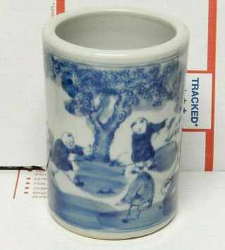 Chinese Porcelain Qing Style Blue & White Painted Brush Pot Children Playing