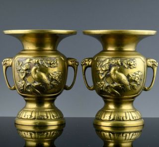 Pair Antique Japanese Meiji Bird Landscape Dragon Handle Bronze Vases