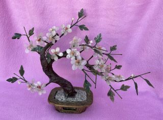 Oriental Asian Chinese Carved Jade Cherry Blossom Tree Hand Made 12”x 15”