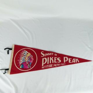 Summit Of Pikes Peak Souvenir Pennant Felt 29 " Red With Indian Chief Head
